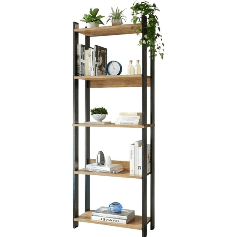 Estante industrial com estrutura de metal preto e prateleiras de madeira MDP para decoração moderna de escritório ou sala