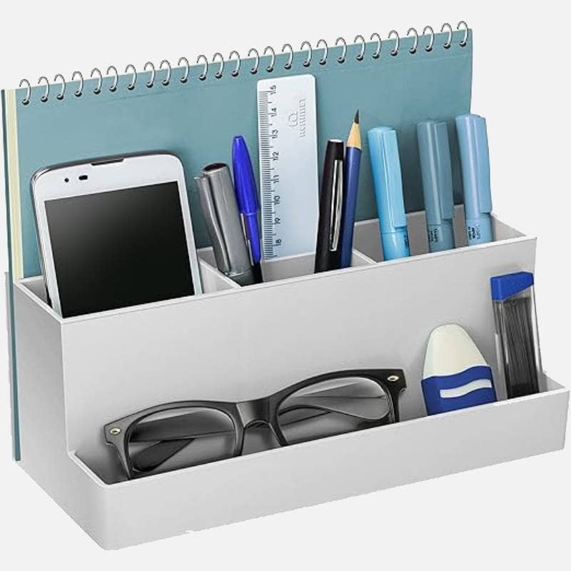 Organizador vertical de mesa com diversos compartimentos para papéis, documentos e materiais de escritório