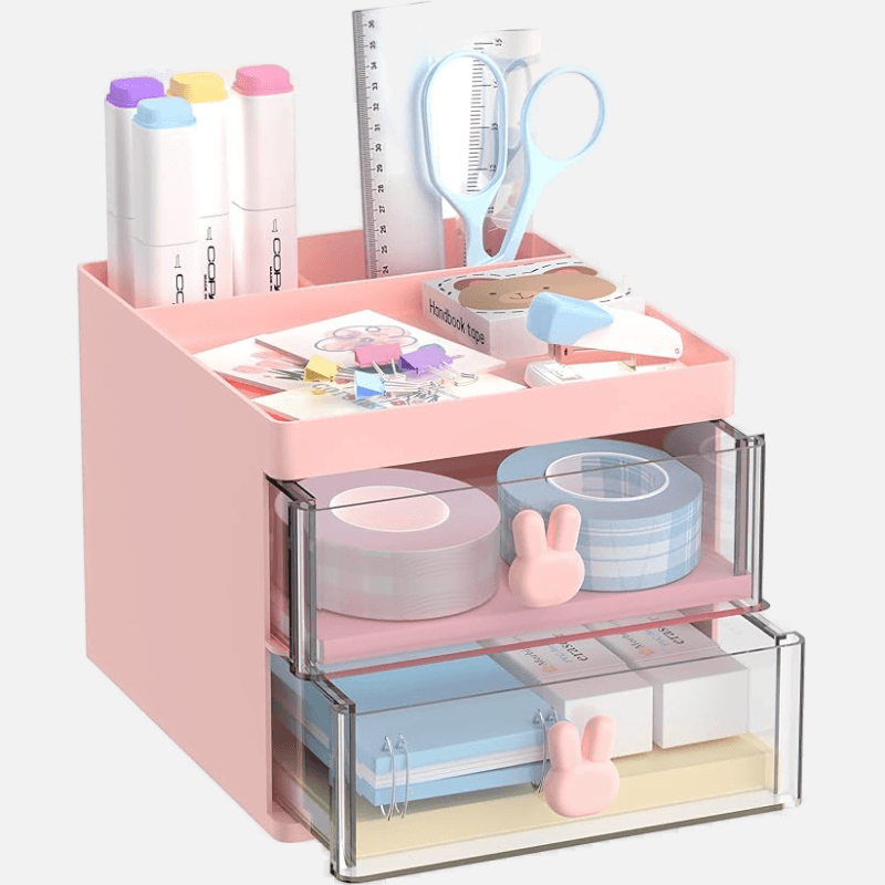 Organizador de mesa com duas gavetas pequenas para armazenar itens de papelaria como clipes, grampos e post-its