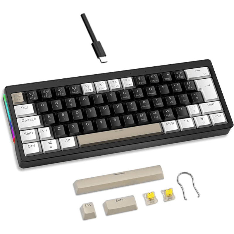 Mini teclado mecânico com formato compacto 60%, teclas RGB retroiluminadas e cabo USB resistente