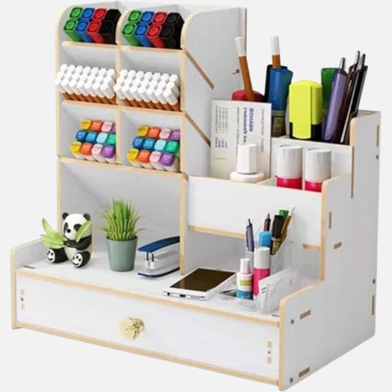 Organizador de mesa em MDF branco com gaveta e compartimentos para papéis, canetas e materiais de escritório, design elegante para espaços de trabalho