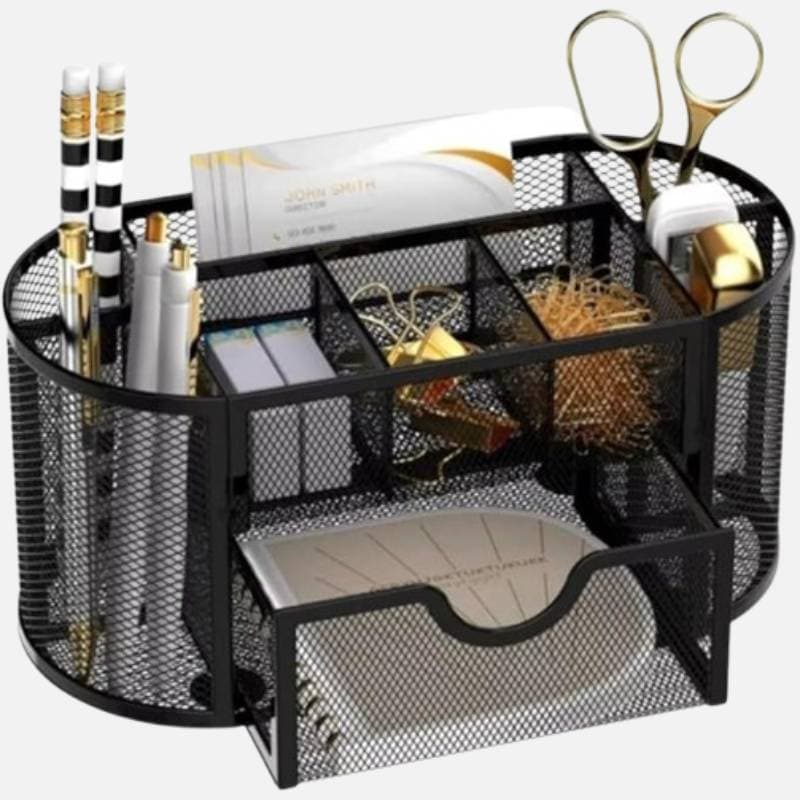 Porta lápis aramado preto com 9 divisórias em metal resistente, design moderno e funcional para organizar itens de escritório