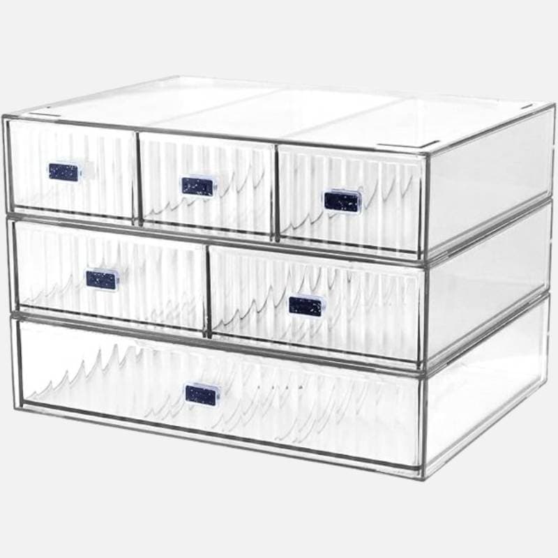 Organizador de mesa em plástico com 6 gavetas empilháveis em 3 níveis, sistema modular para armazenamento eficiente de documentos e materiais pequenos